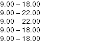 9.00 – 18.00
9.00 – 22.00
9.00 – 22.00
9.00 – 18.00
9.00 – 18.00